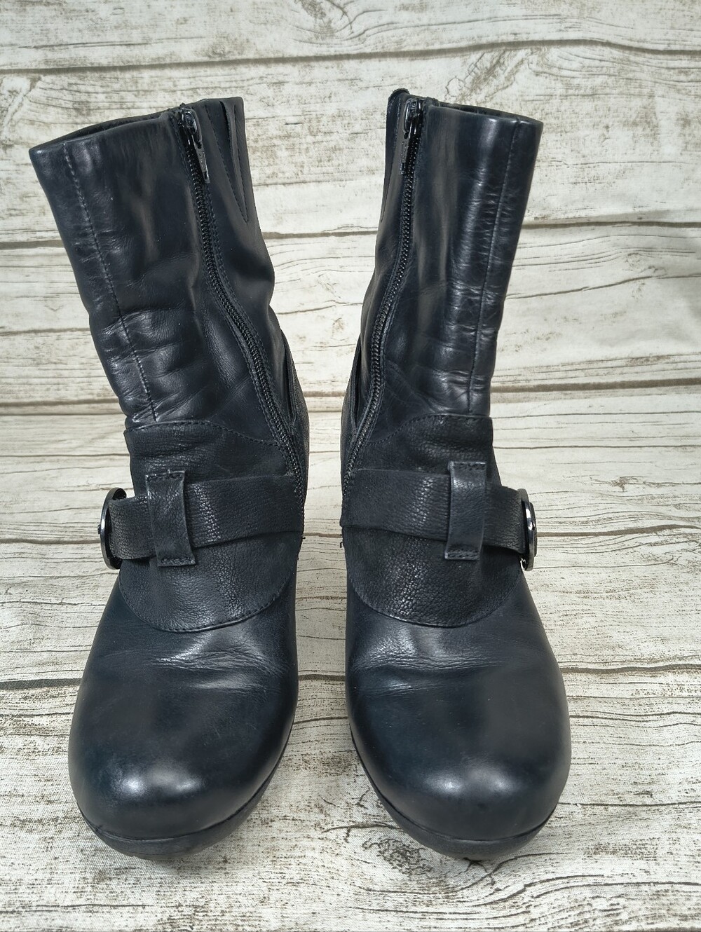 Marc Black Leather Buckle Biker Ankle Boots Size 38